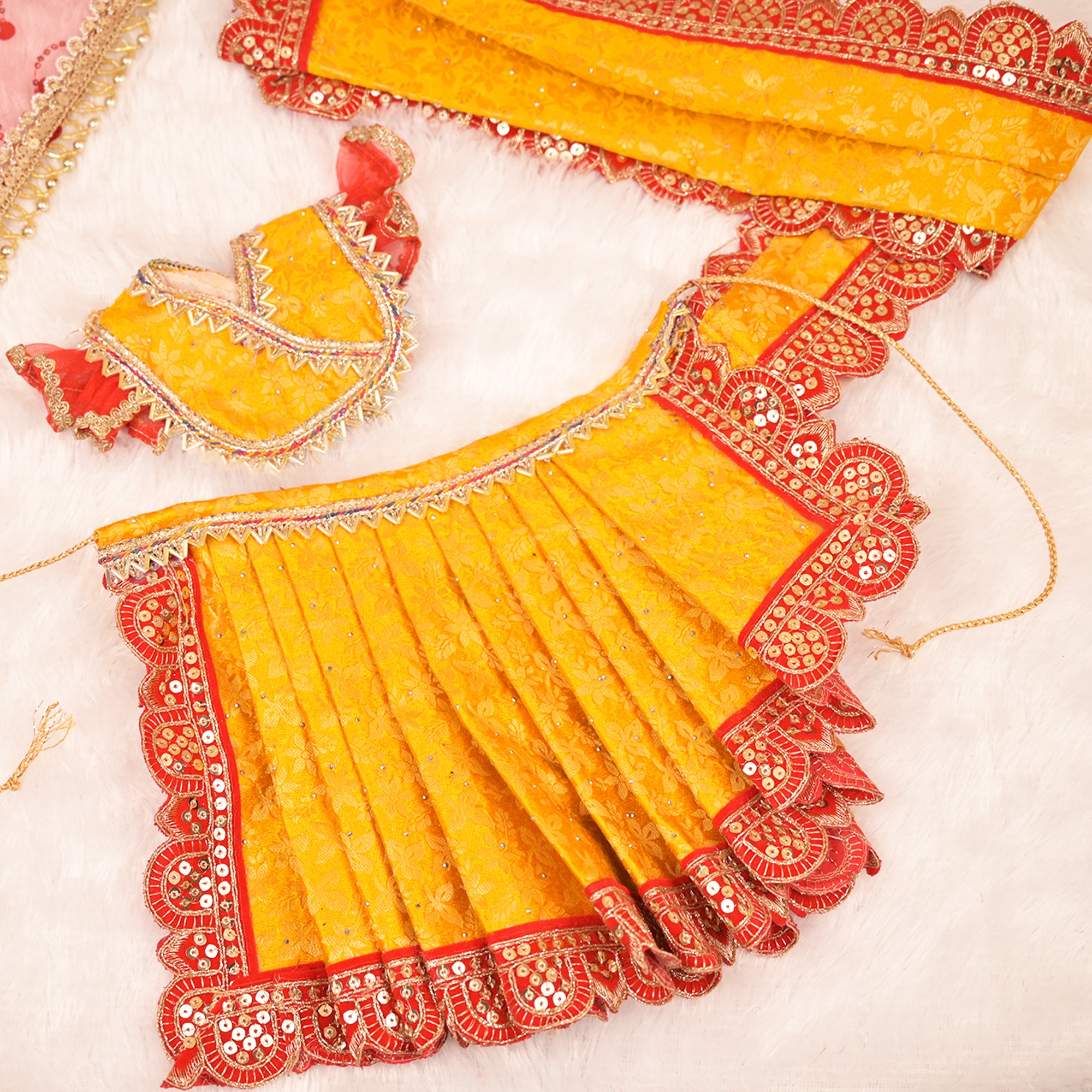 Mata Rani Saree – Yellow Soft Silk Poshak with Red Lace Work & Net Dupatta