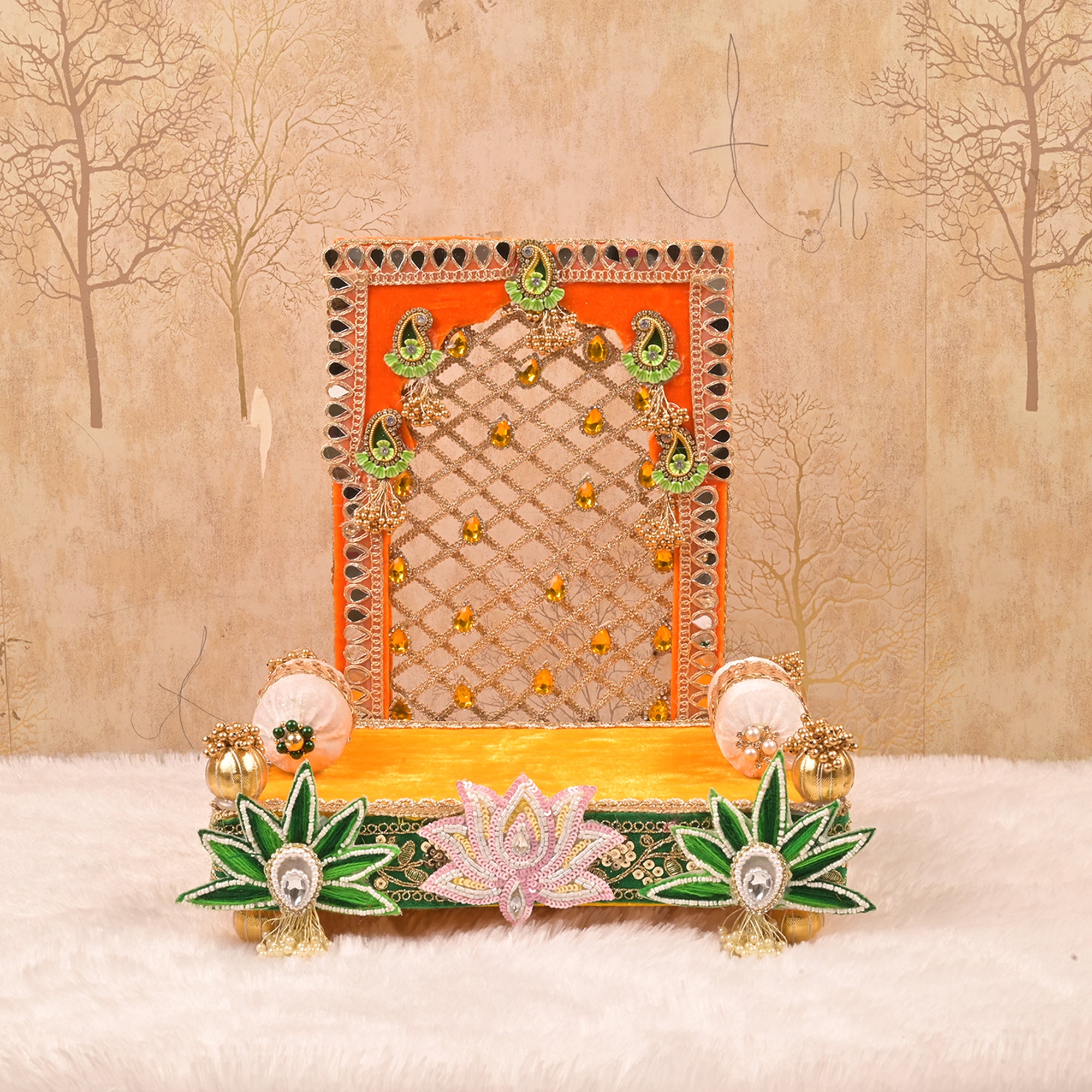Laxmi Ganesh Singhasan – Orange & Green Embroidered Rectangular Chowki