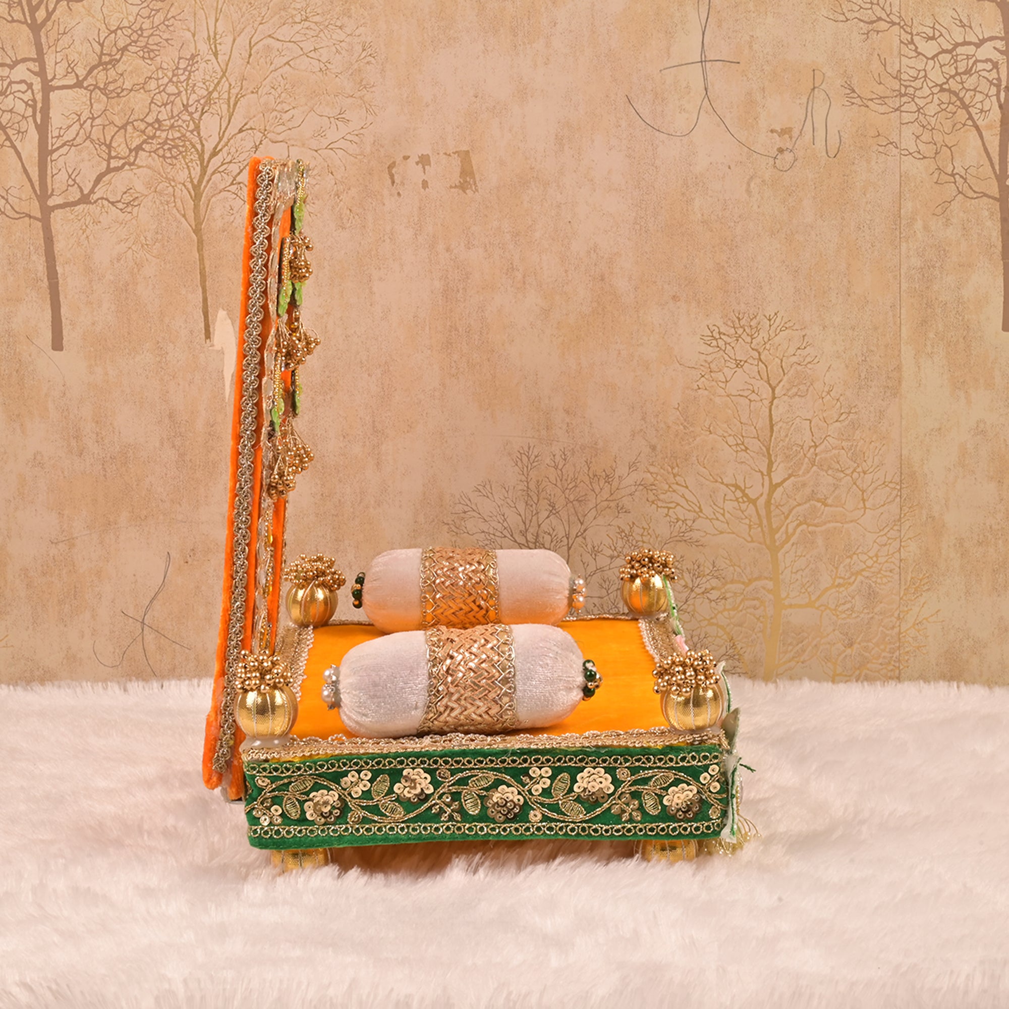 Laxmi Ganesh Singhasan – Orange & Green Embroidered Rectangular Chowki