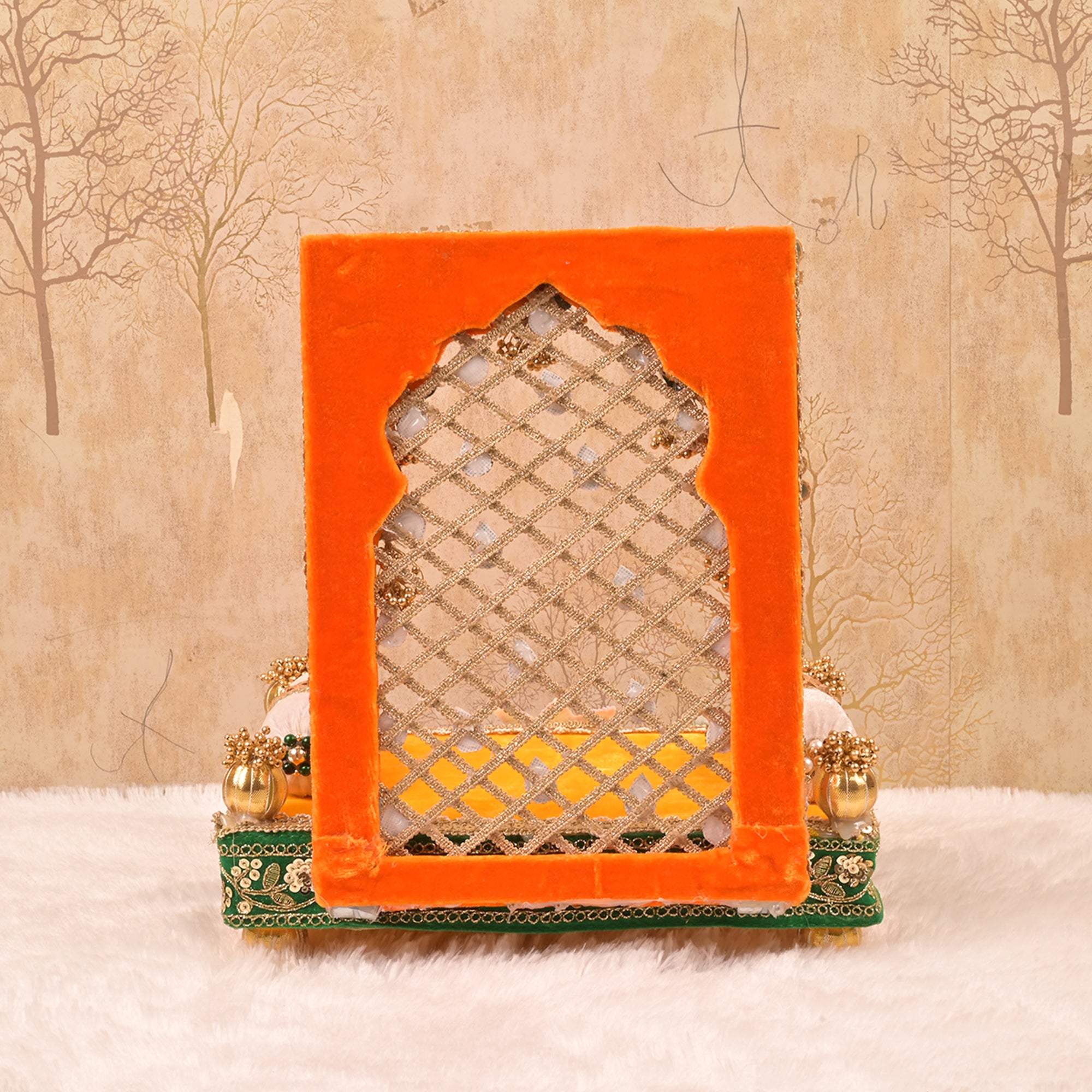 Laxmi Ganesh Singhasan – Orange & Green Embroidered Rectangular Chowki