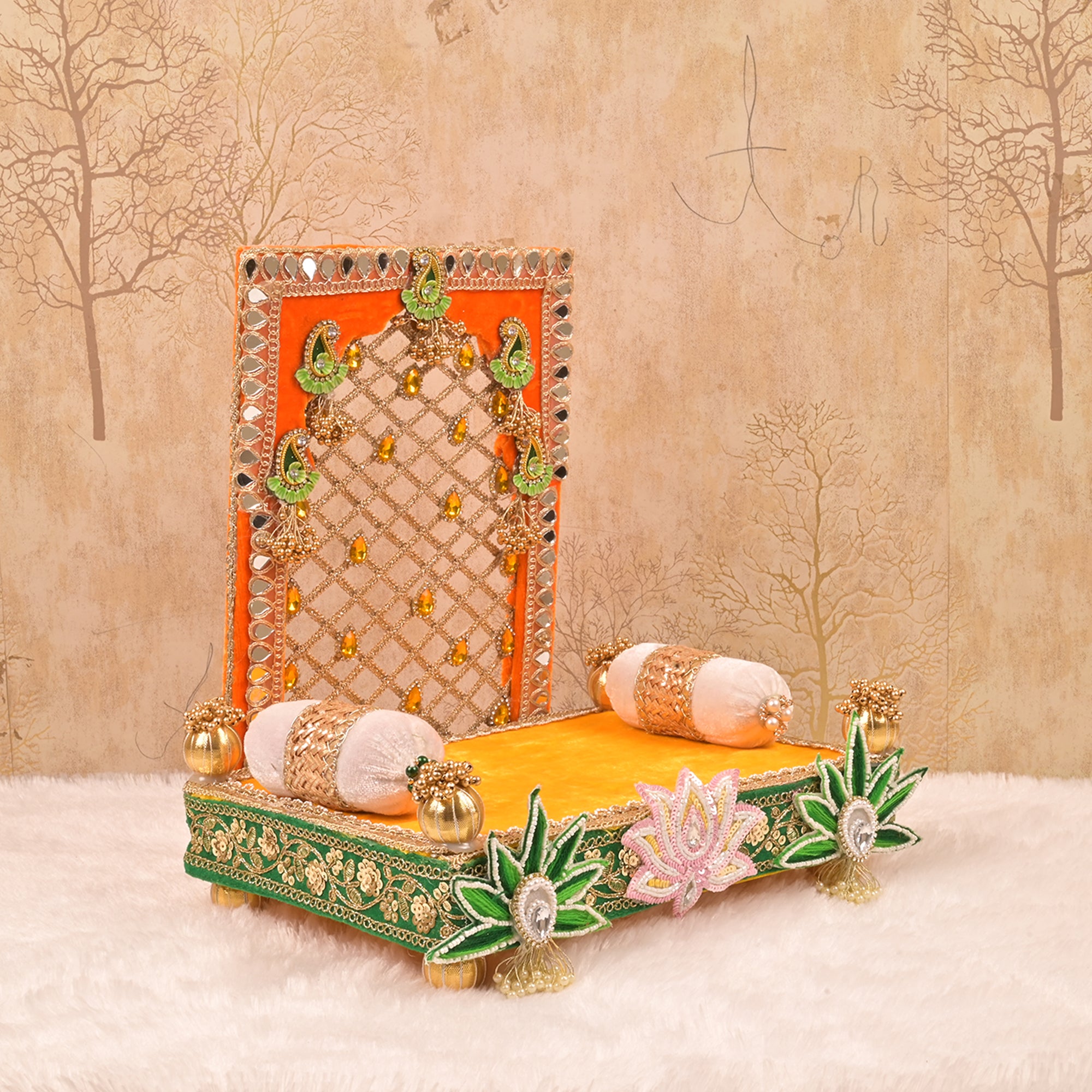 Laxmi Ganesh Singhasan – Orange & Green Embroidered Rectangular Chowki