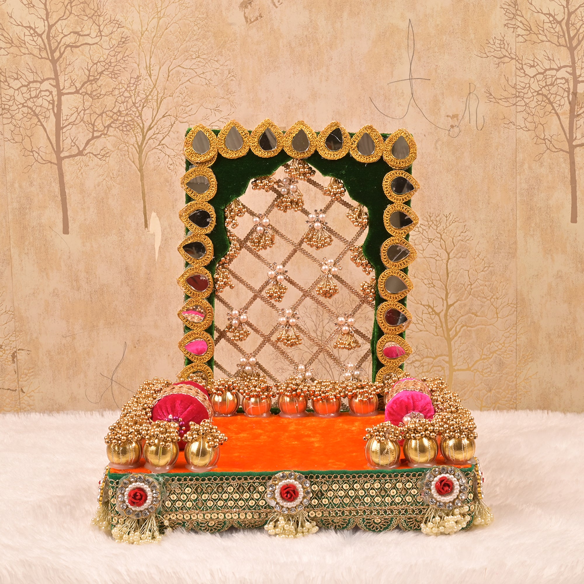 Laxmi Ganesh Singhasan – Orange & Green Embellished Rectangular Velvet Chowki