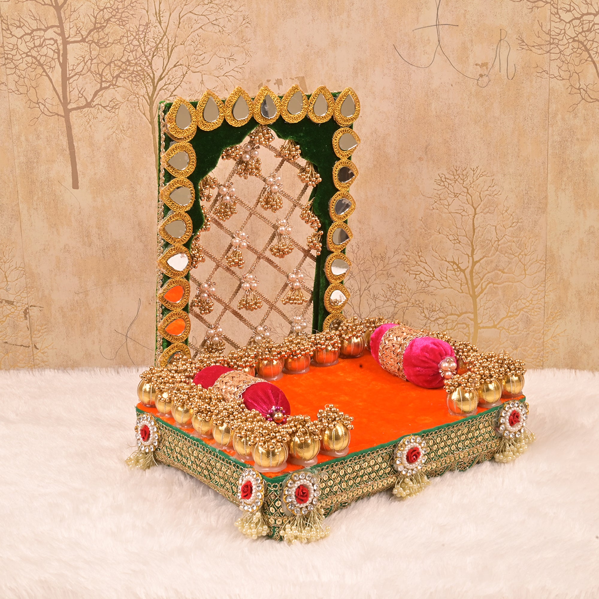 Laxmi Ganesh Singhasan – Orange & Green Embellished Rectangular Velvet Chowki