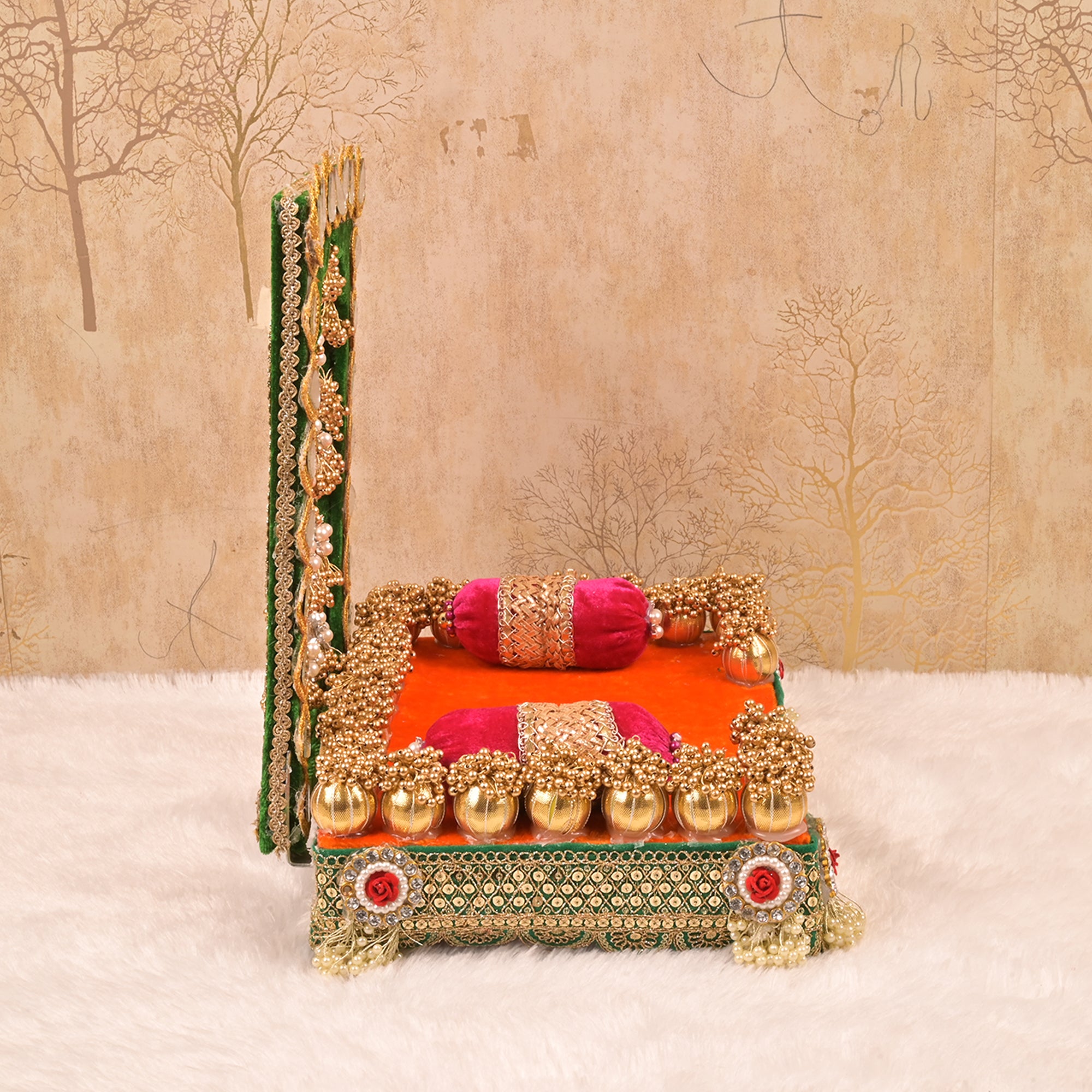 Laxmi Ganesh Singhasan – Orange & Green Embellished Rectangular Velvet Chowki