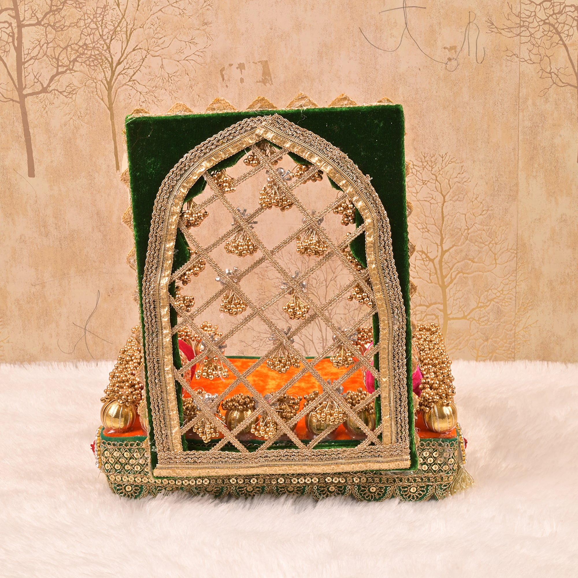 Laxmi Ganesh Singhasan – Orange & Green Embellished Rectangular Velvet Chowki