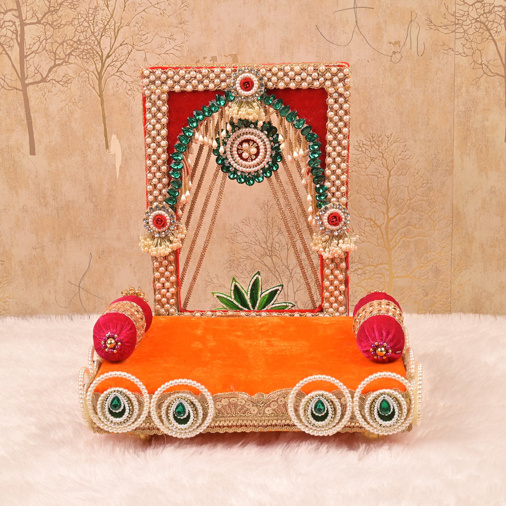 Laxmi Ganesh Singhasan – Orange & Green Embellished Chowki with Pearl Work