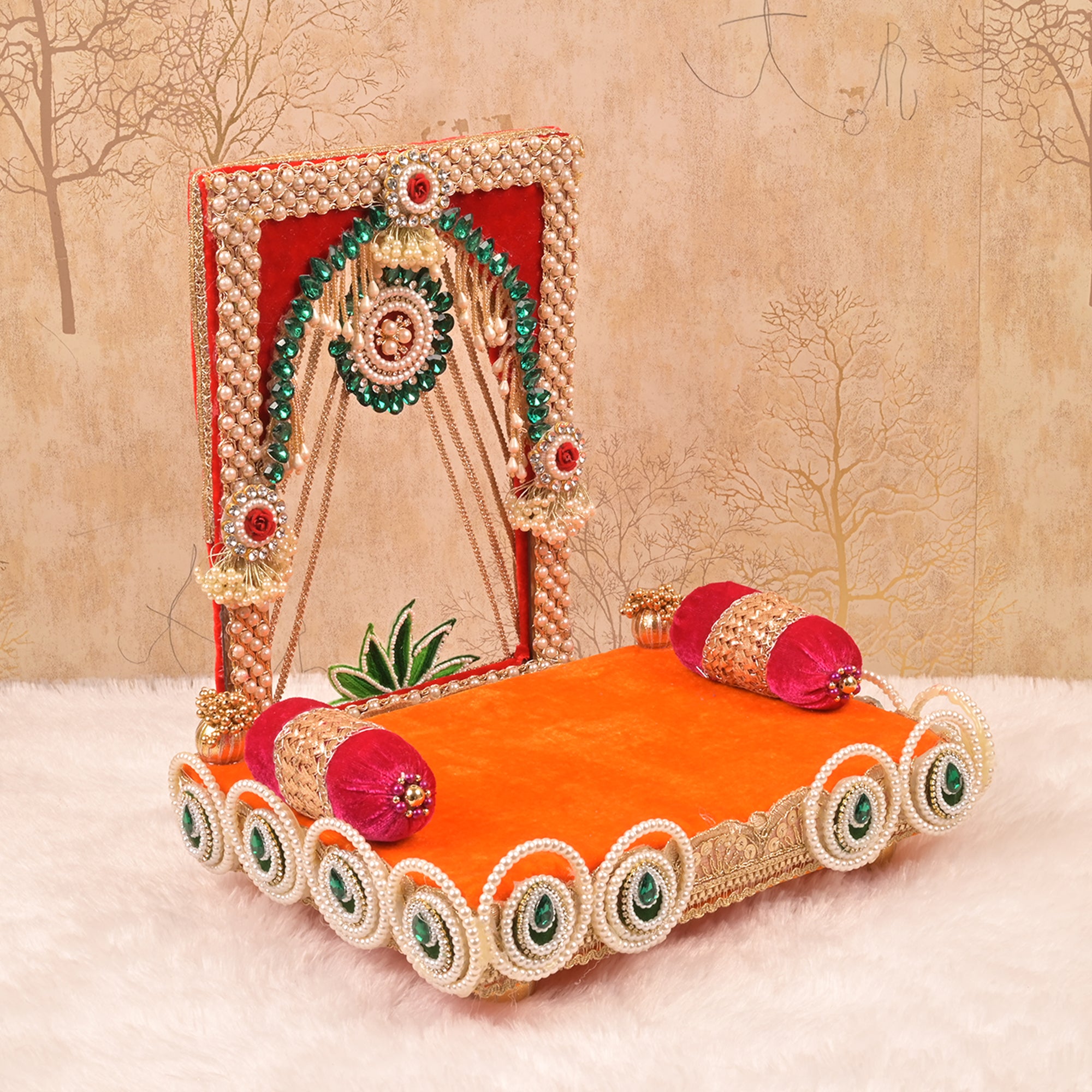 Laxmi Ganesh Singhasan – Orange & Green Embellished Chowki with Pearl Work