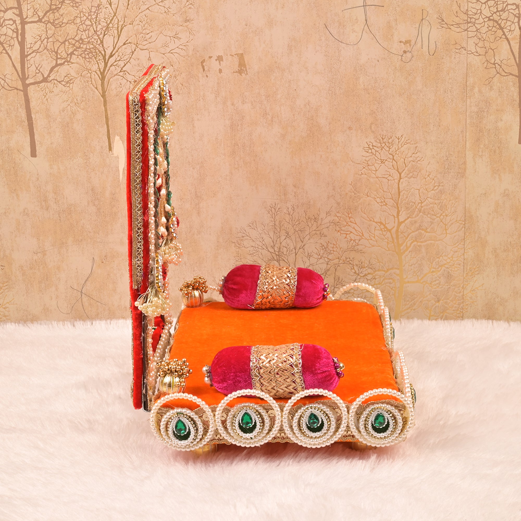 Laxmi Ganesh Singhasan – Orange & Green Embellished Chowki with Pearl Work