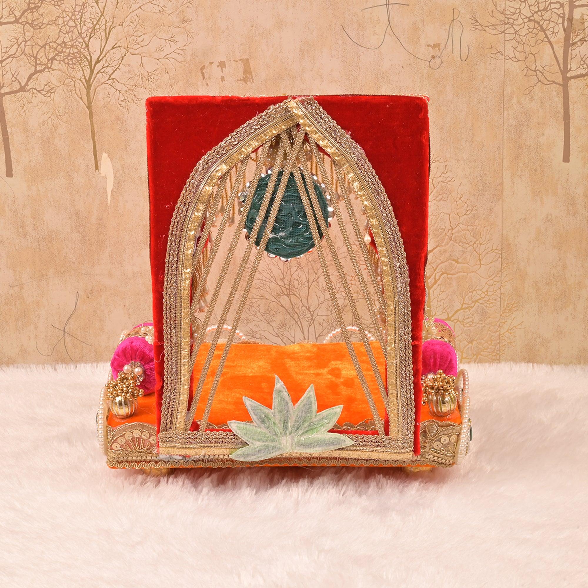 Laxmi Ganesh Singhasan – Orange & Green Embellished Chowki with Pearl Work