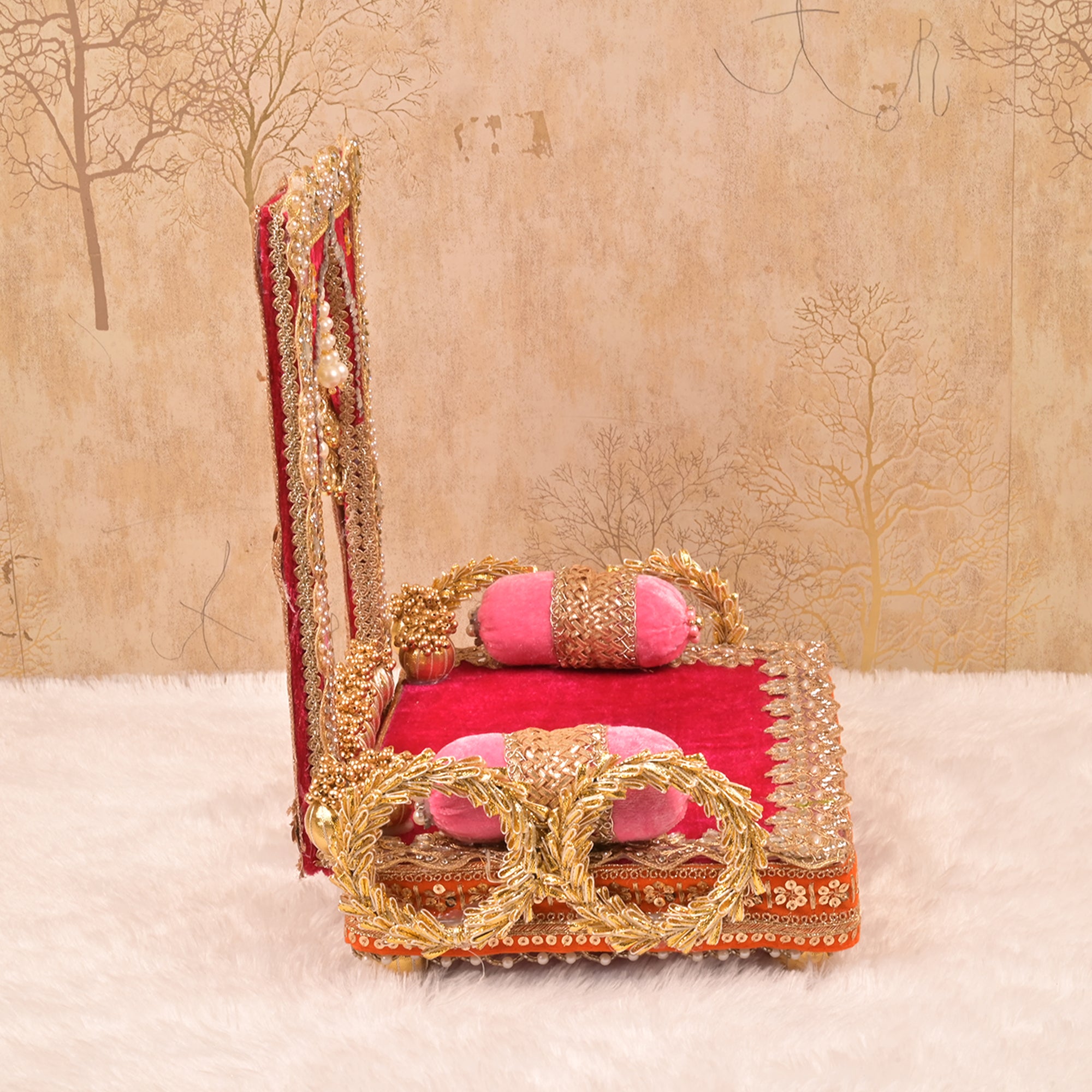 Laxmi Ganesh Singhasan – Pink & Orange Velvet Chowki with Golden Embellishments