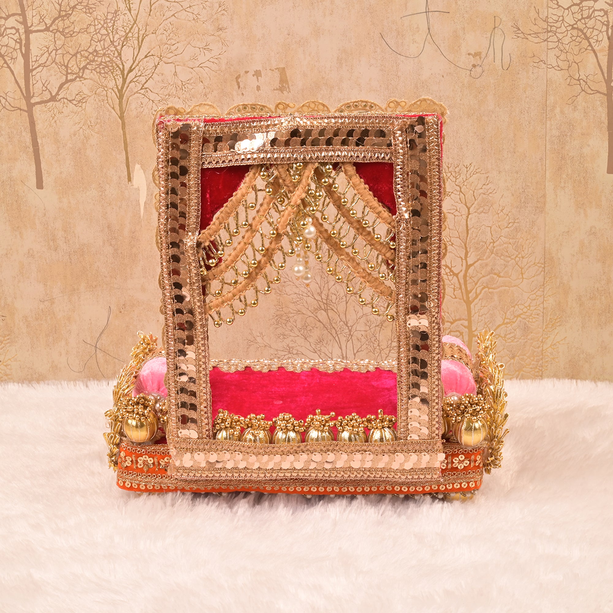Laxmi Ganesh Singhasan – Pink & Orange Velvet Chowki with Golden Embellishments