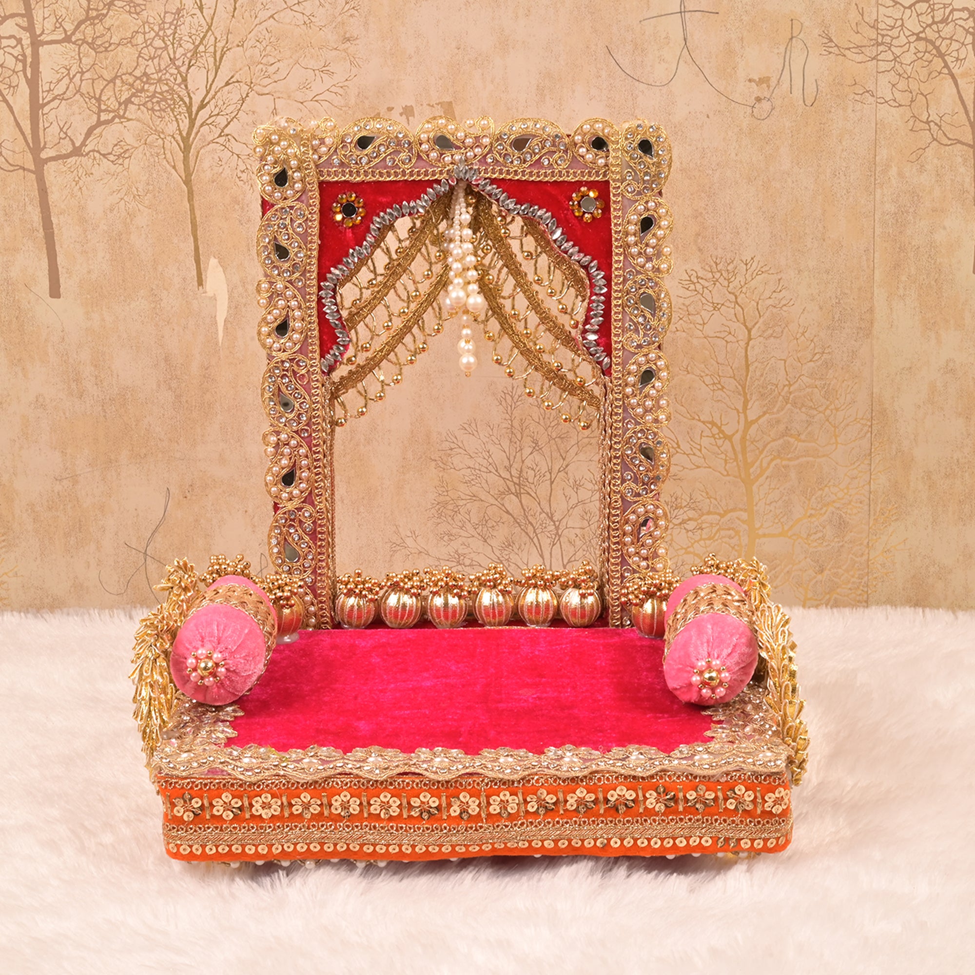 Laxmi Ganesh Singhasan – Pink & Orange Velvet Chowki with Golden Embellishments