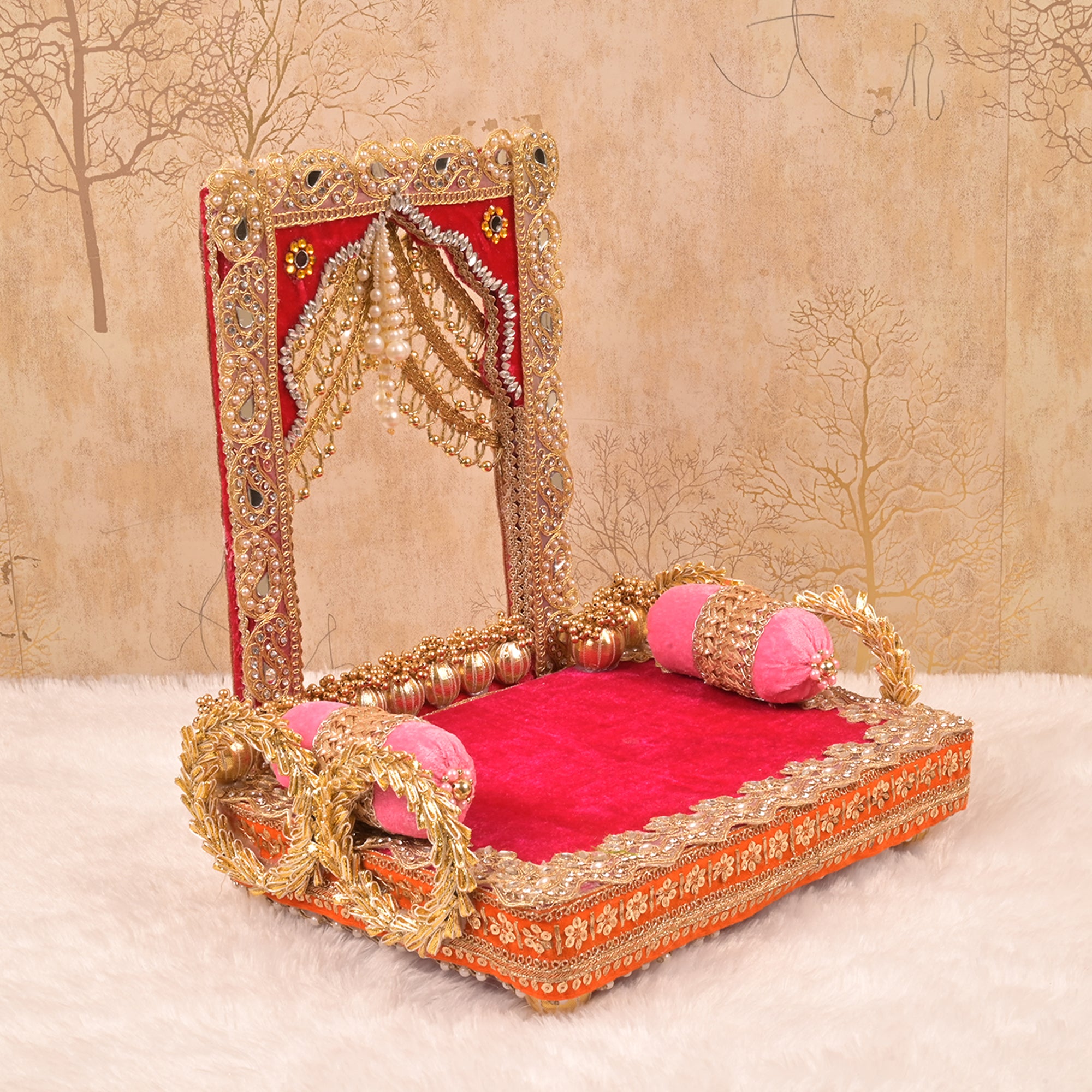 Laxmi Ganesh Singhasan – Pink & Orange Velvet Chowki with Golden Embellishments