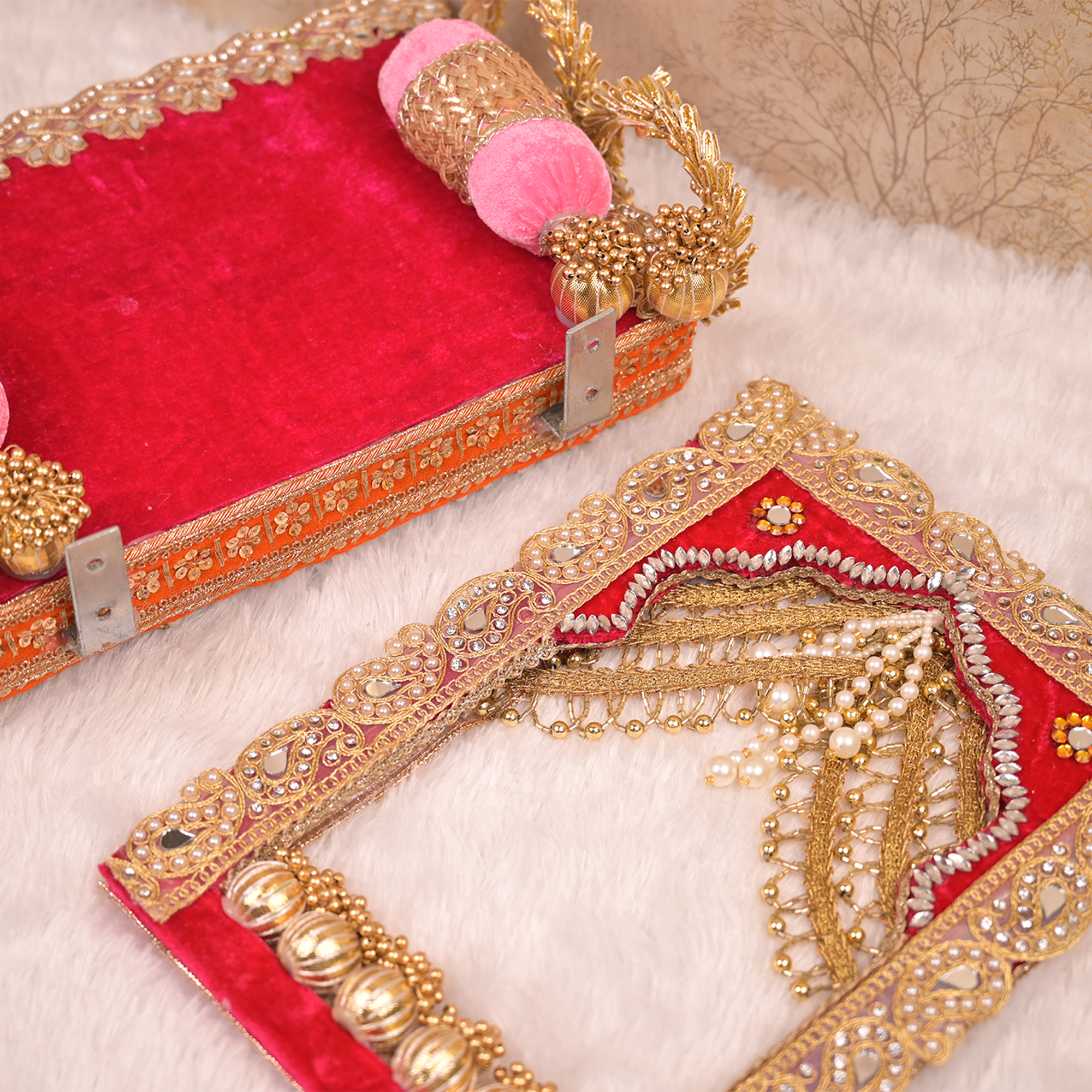 Laxmi Ganesh Singhasan – Pink & Orange Velvet Chowki with Golden Embellishments