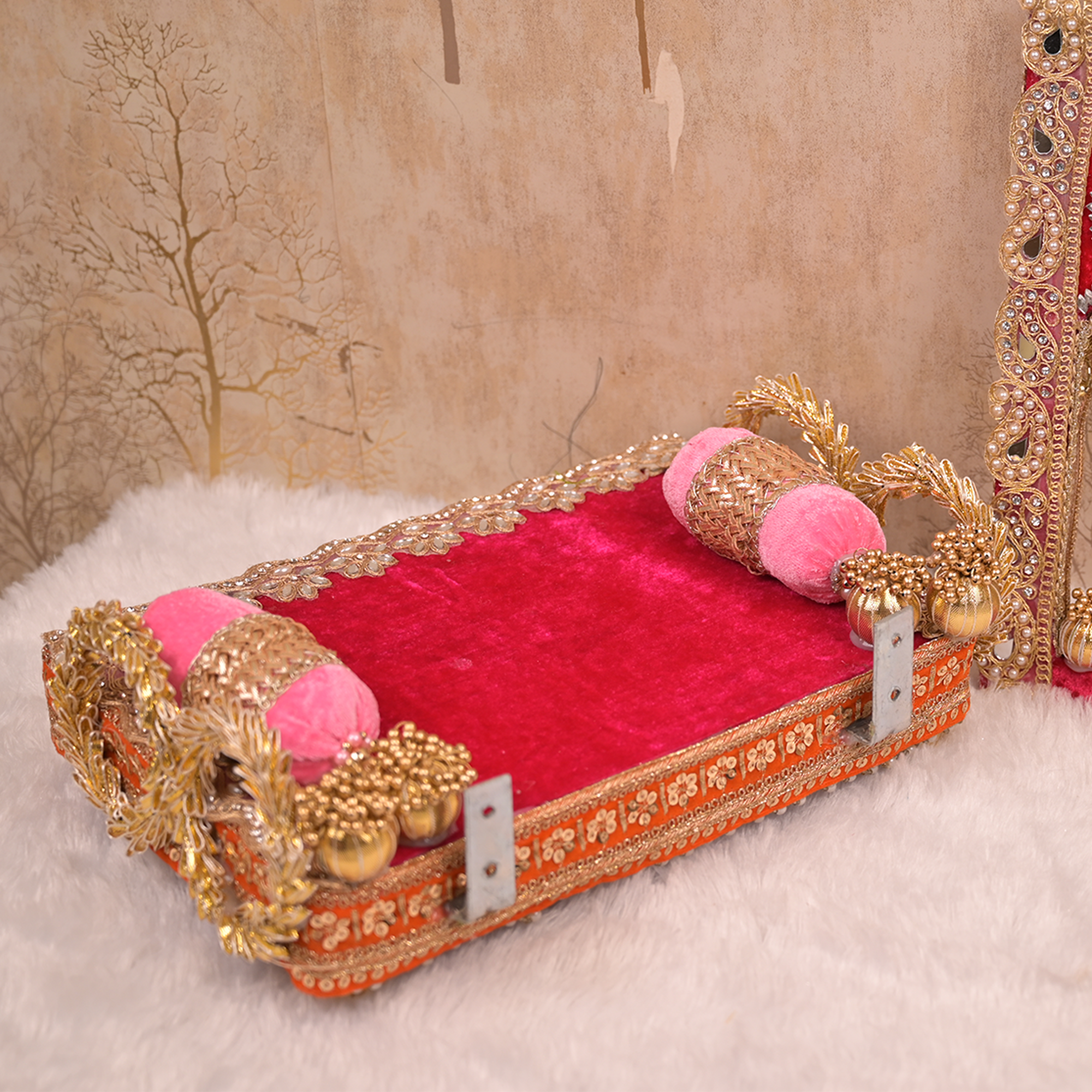 Laxmi Ganesh Singhasan – Pink & Orange Velvet Chowki with Golden Embellishments
