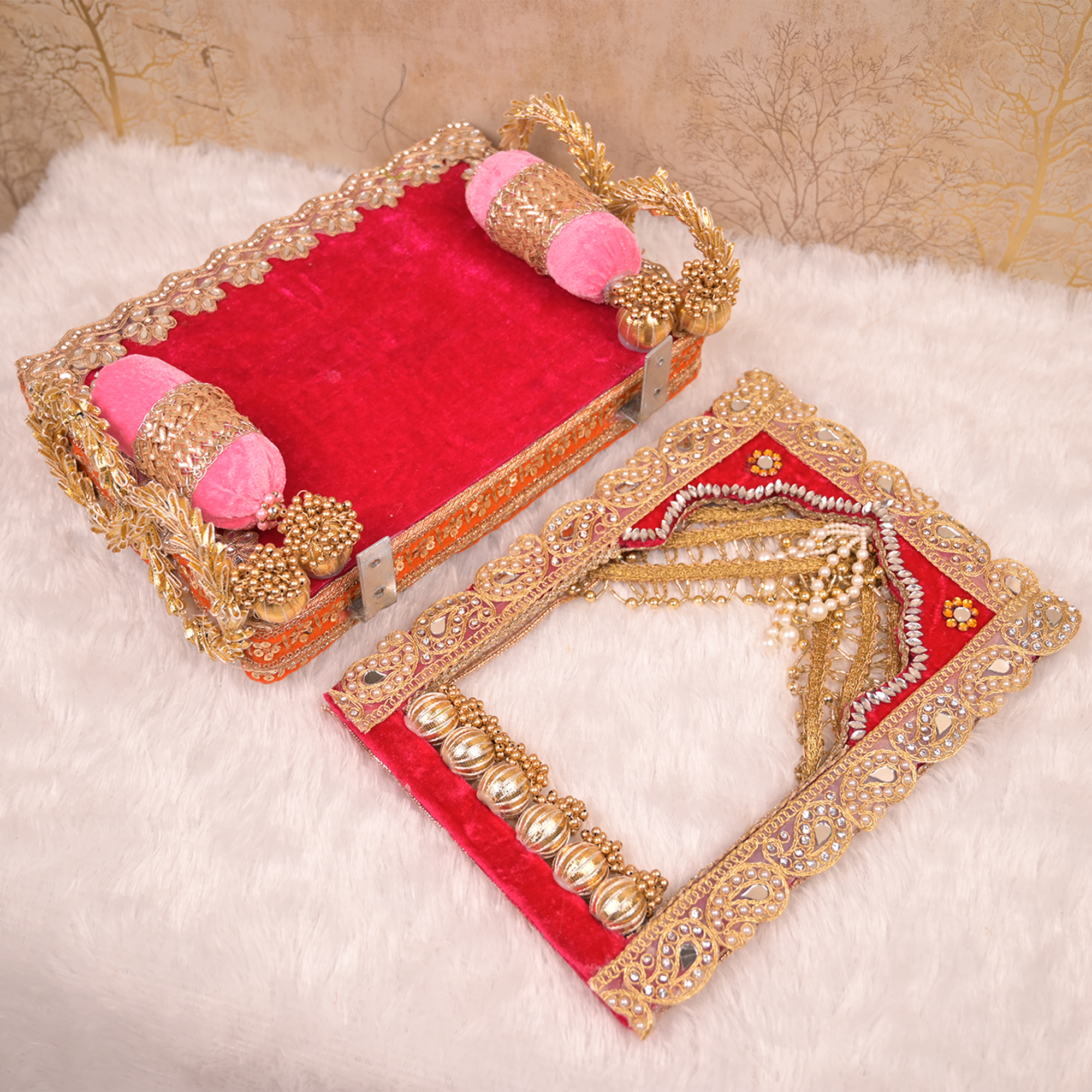 Laxmi Ganesh Singhasan – Pink & Orange Velvet Chowki with Golden Embellishments