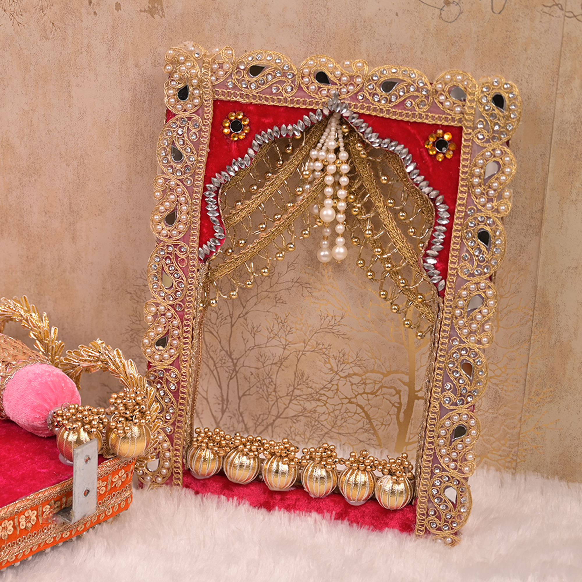 Laxmi Ganesh Singhasan – Pink & Orange Velvet Chowki with Golden Embellishments