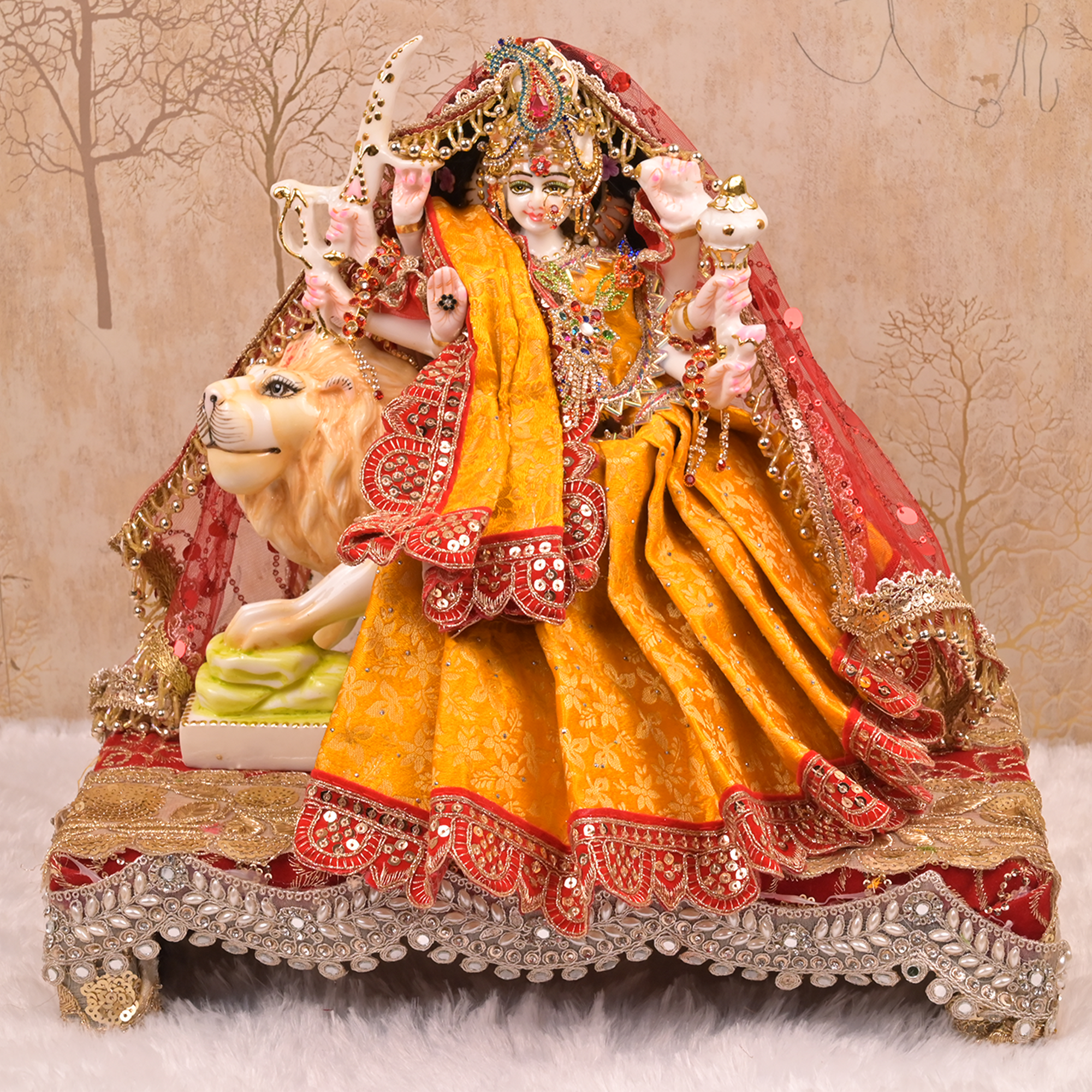Mata Rani Saree – Yellow Soft Silk Poshak with Red Lace Work & Net Dupatta