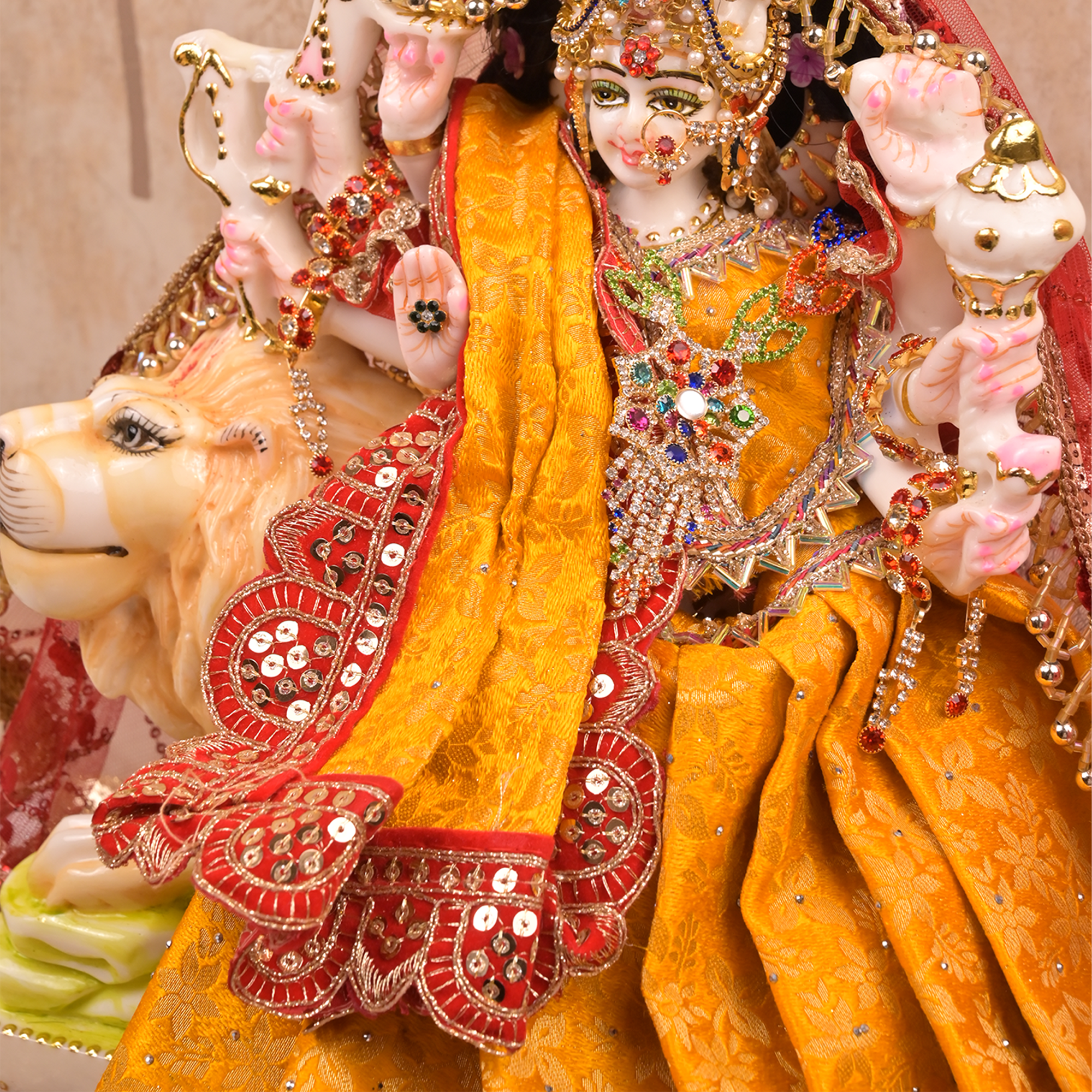 Mata Rani Saree – Yellow Soft Silk Poshak with Red Lace Work & Net Dupatta