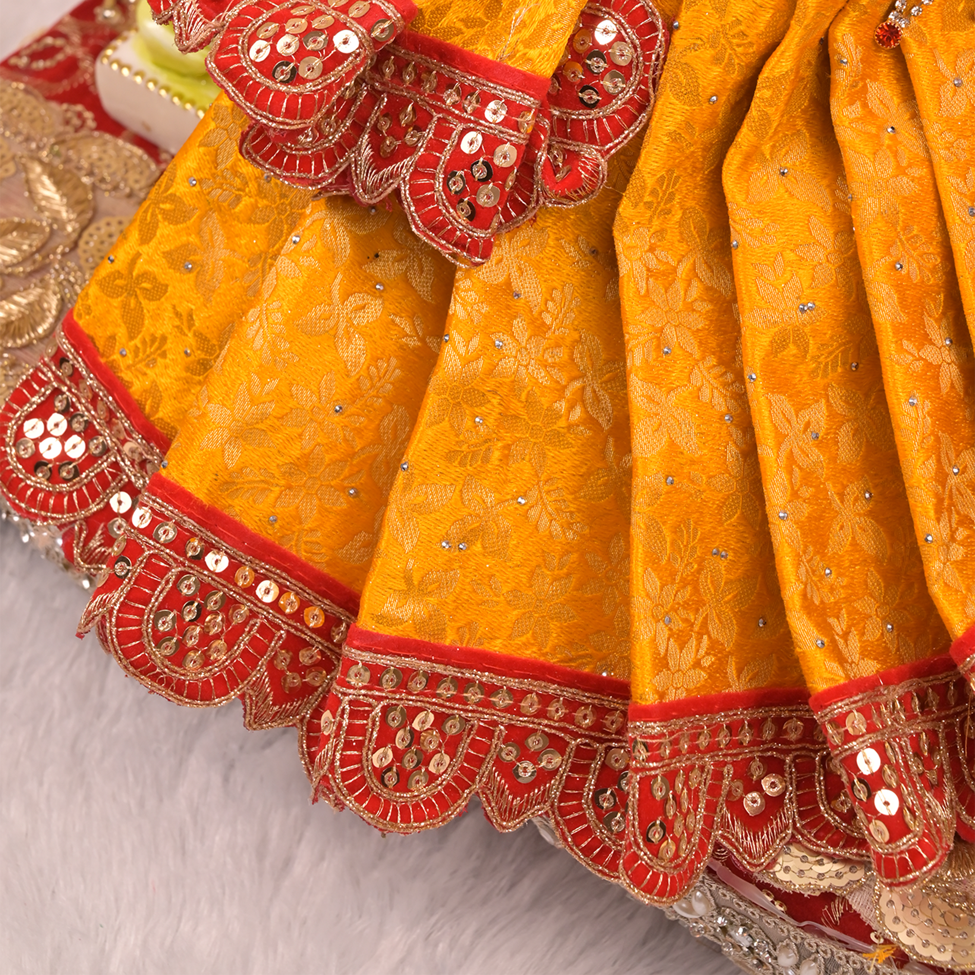 Mata Rani Saree – Yellow Soft Silk Poshak with Red Lace Work & Net Dupatta