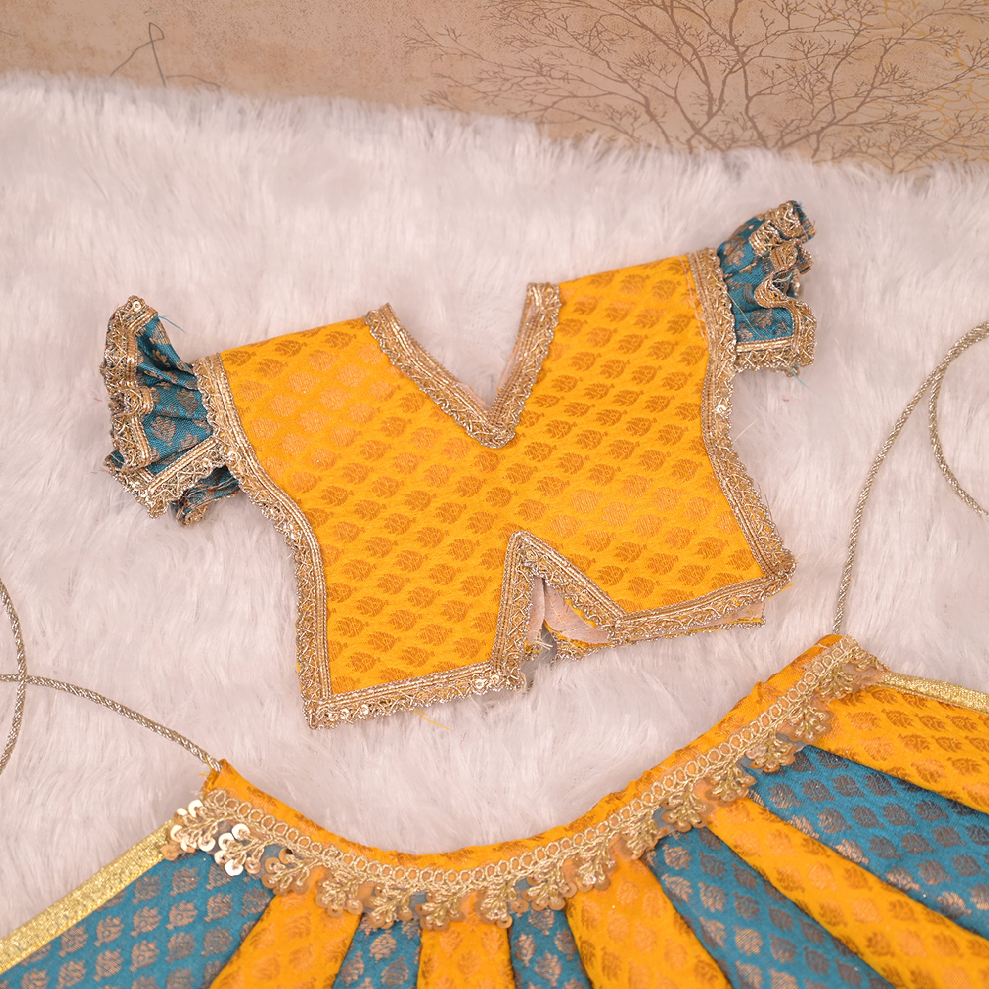 Radha Krishna Yugal Jodi Poshak – Mustard Yellow & Teal Blue Banarasi Silk Lehenga Set