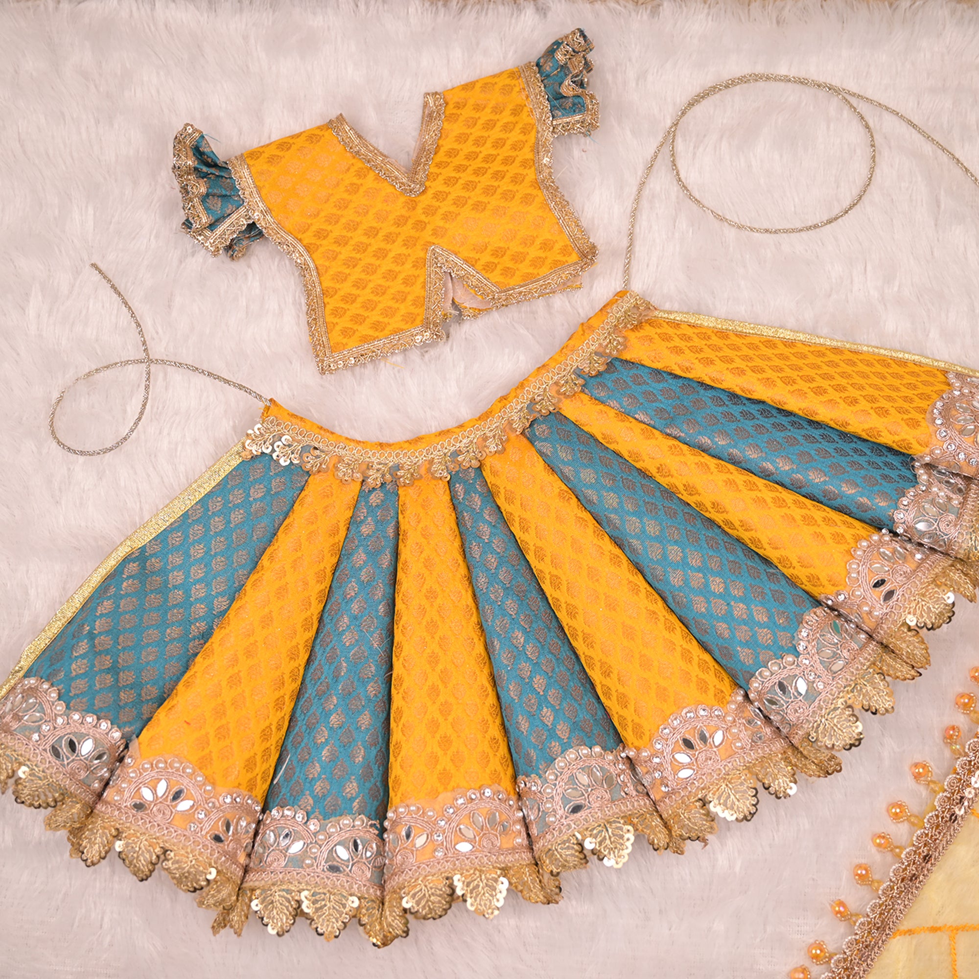 Radha Krishna Yugal Jodi Poshak – Mustard Yellow & Teal Blue Banarasi Silk Lehenga Set