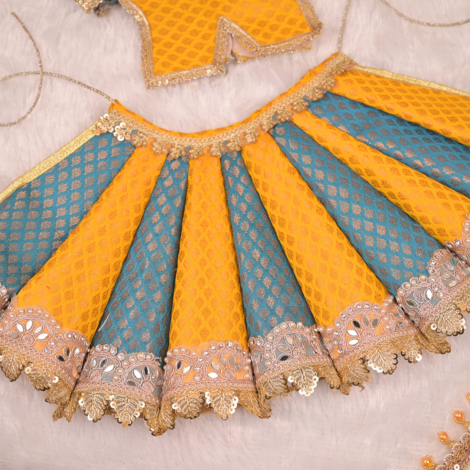 Radha Krishna Yugal Jodi Poshak – Mustard Yellow & Teal Blue Banarasi Silk Lehenga Set