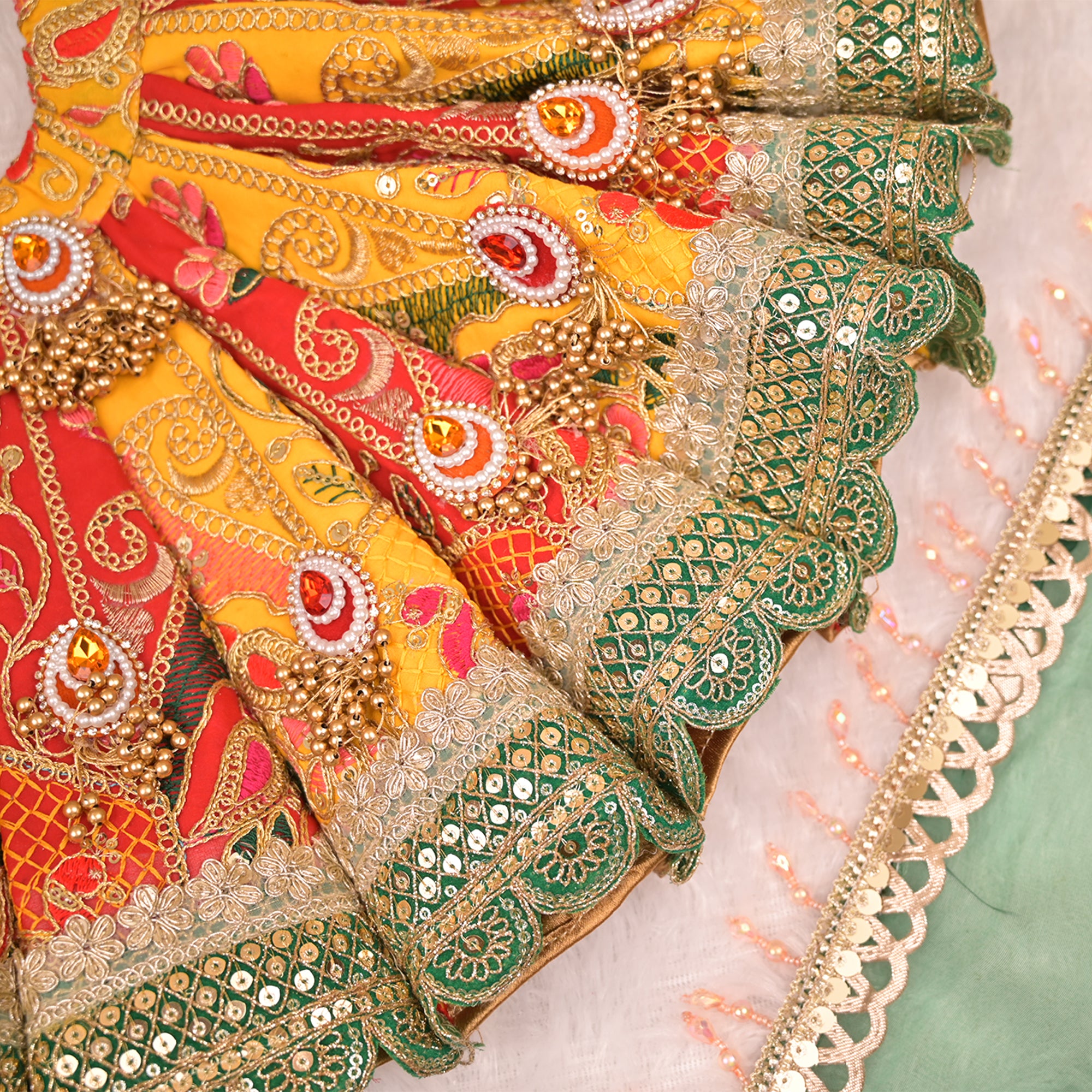 Radha Krishna Yugal Jodi Poshak – Yellow, Red & Green Georgette Lehenga Set with Dual Dupattas