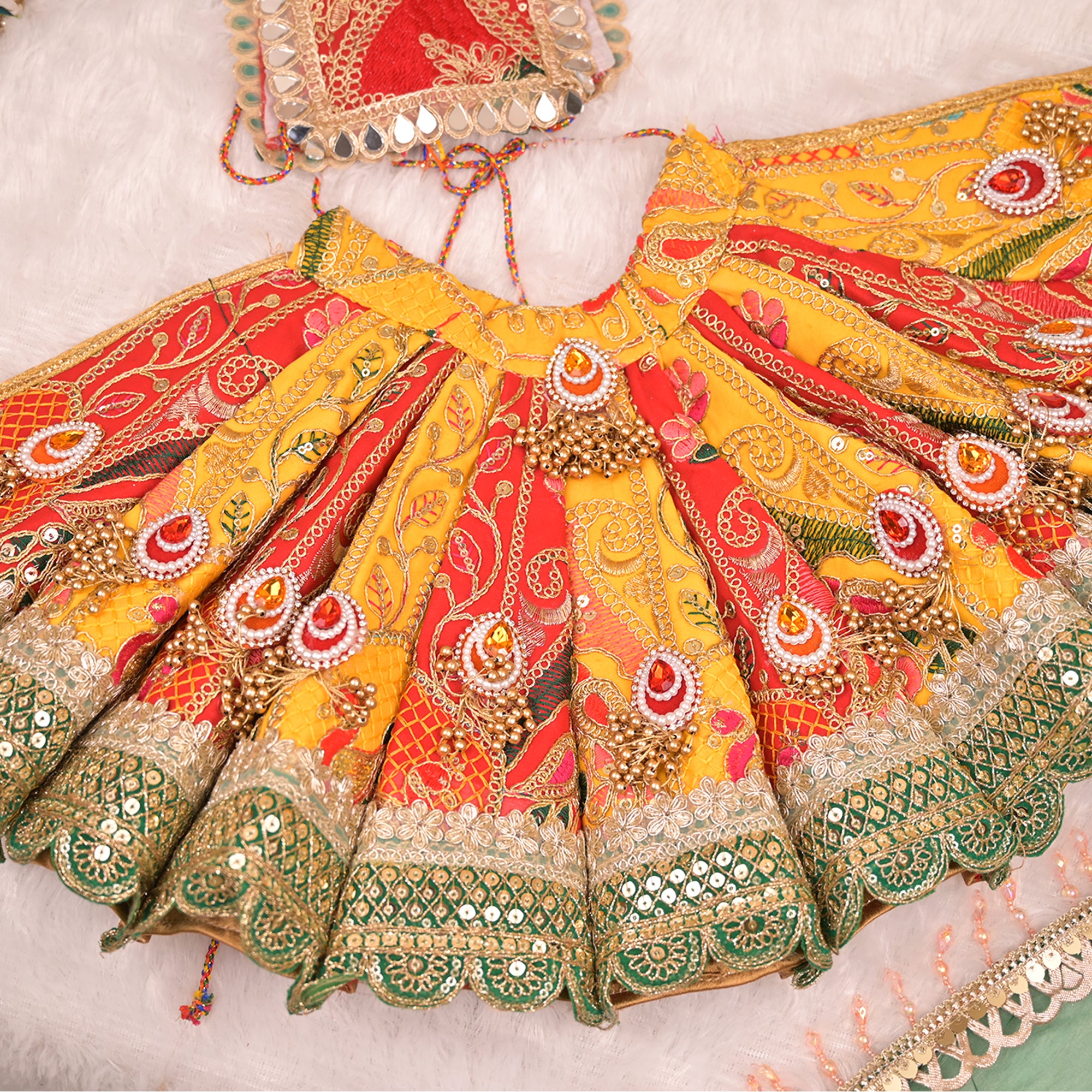 Radha Krishna Yugal Jodi Poshak – Yellow, Red & Green Georgette Lehenga Set with Dual Dupattas