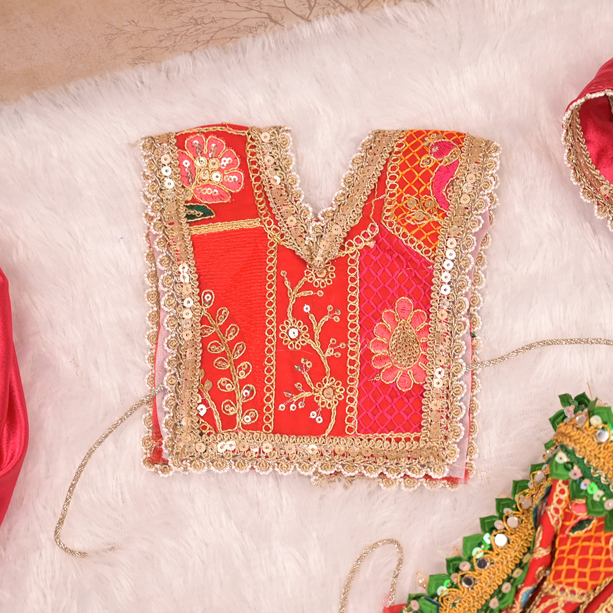 Radha Krishna Yugal Jodi Poshak – Yellow, Red & Green Georgette Lehenga Set with Dual Dupattas